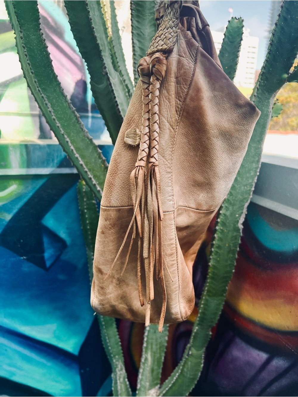 Soft Tan Leather Hobo Tote with Braided Strap - Picture 10 of 13